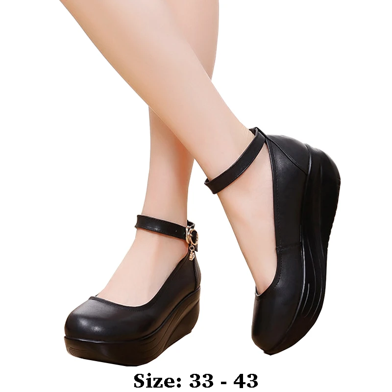 

high quality leather wedge shoe for women 5.5cm mid heel platform round toe 33 34 43 elegant and fashion shoe black