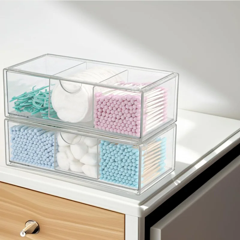 Pull-out mirror cabinet organizer with removable dividers, transparent sliding drawer & stackable structure. Suitable for bathroom, desk, counter, cabinet and office, great for cosmetics, makeup and stationery view 4