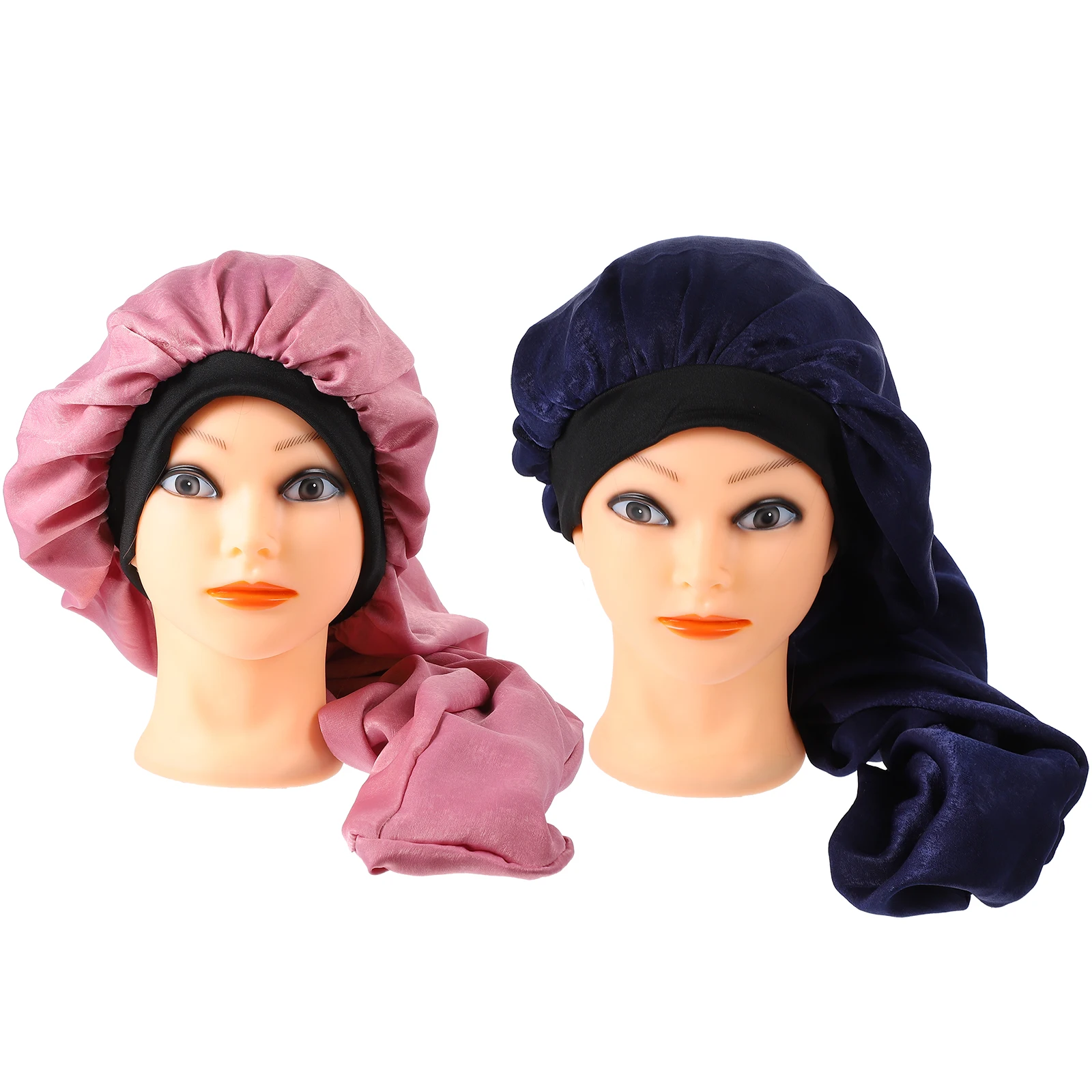 

2pcs Sleep Cap Long Tail Wide Brimmed Silk Elastic Hair Care Reusable Soft Comfortable Hairstyle Protection Home Use