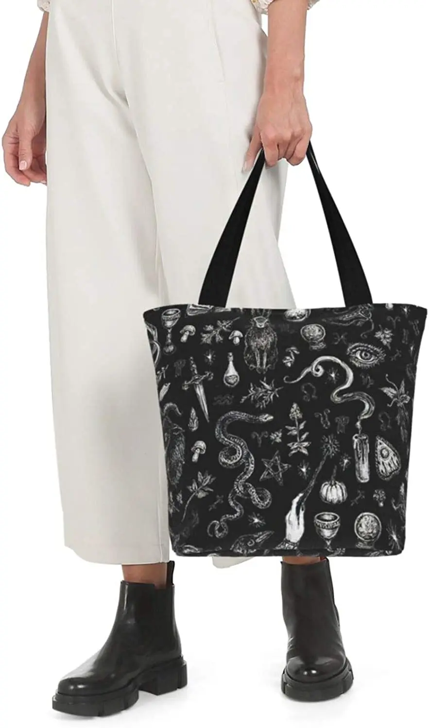 Witch in Black Canvas Tote Bag Top Handle Purses Large Totes Reusable Handbags Cotton Shoulder Bags for Work Shopping Grocery