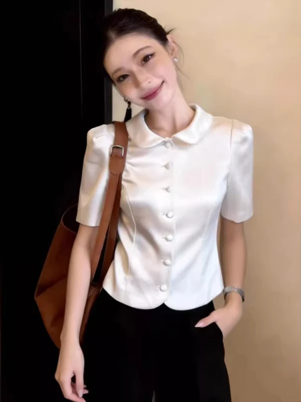

Elegant White Short Sleeve Silk Shirt Women's Business Commute Slim Fit Versatile French Style Shirt Breathable Skin-Friendly