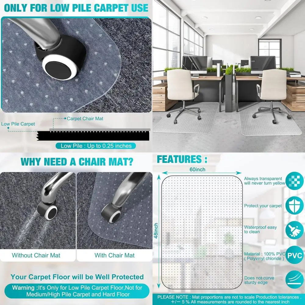 

Коврик для офисного стула для ковров, прозрачный напольный коврик размером 48 x 60 дюймов для ковровых полов с низким и без ворса, толстая и прочная защита ковров