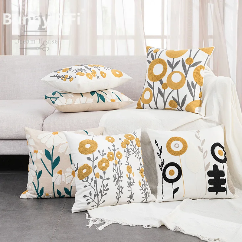 Modern Trend Ins Wind Flower Grass Towel Embroidered Pillows Sample Room Homestay Sofa Bedside Cushion Pillows