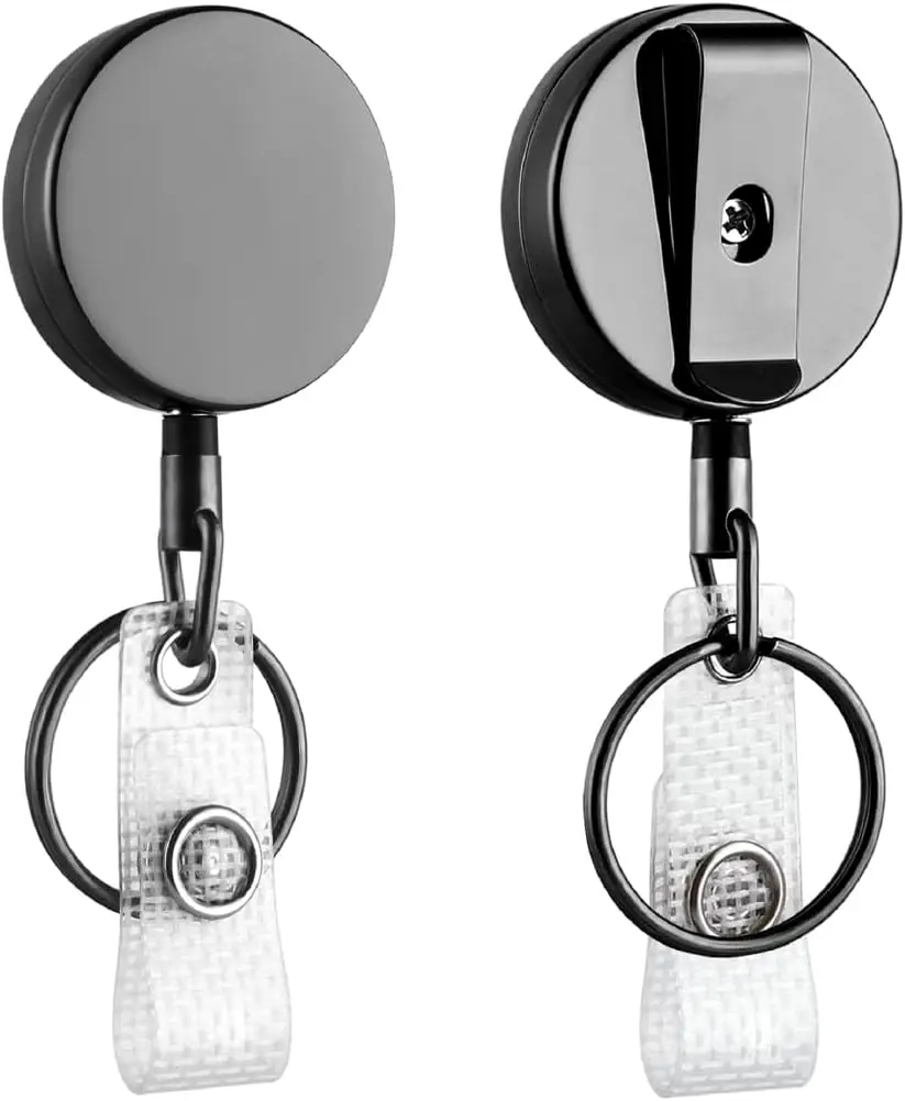 

ID Badge Holder with Clip and Keyring - Heavy-Duty All-Metal Casing with 27.5' UHMWPE Fiber Pull Cord