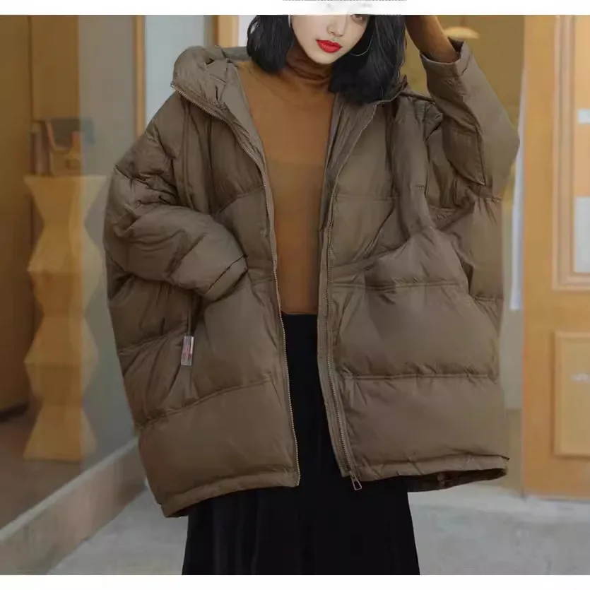 

Женская удлиненная куртка большого размера из белого утиного пуха, новинка зимы 2025, свободного кроя, утепленная, с капюшоном