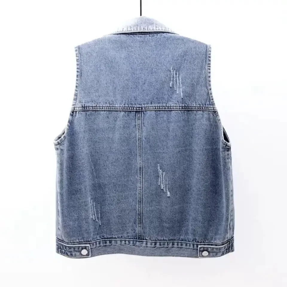 Plus Size New Women Denim Vest Fashion Ripped Autumn Blue Jeans Jacket Sleeveless 2023 Spring Loose Short Coat Causal Waistcoats