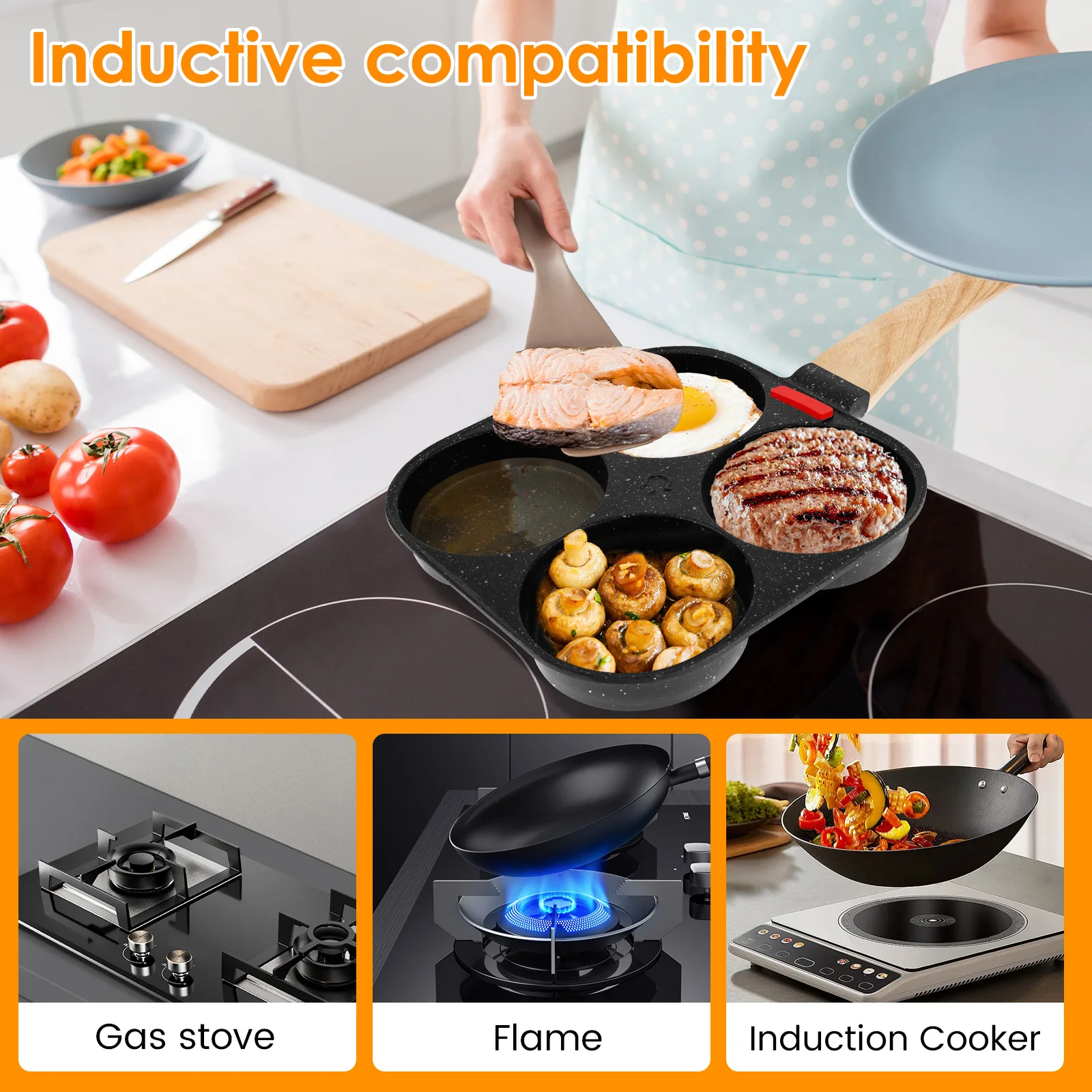 4Cup Egg Frying Pan Nonslip Omelette Pan Skillet with Oil Brush and Lid Pancake Skillet for Gas Stove Induction Cookware - view 4