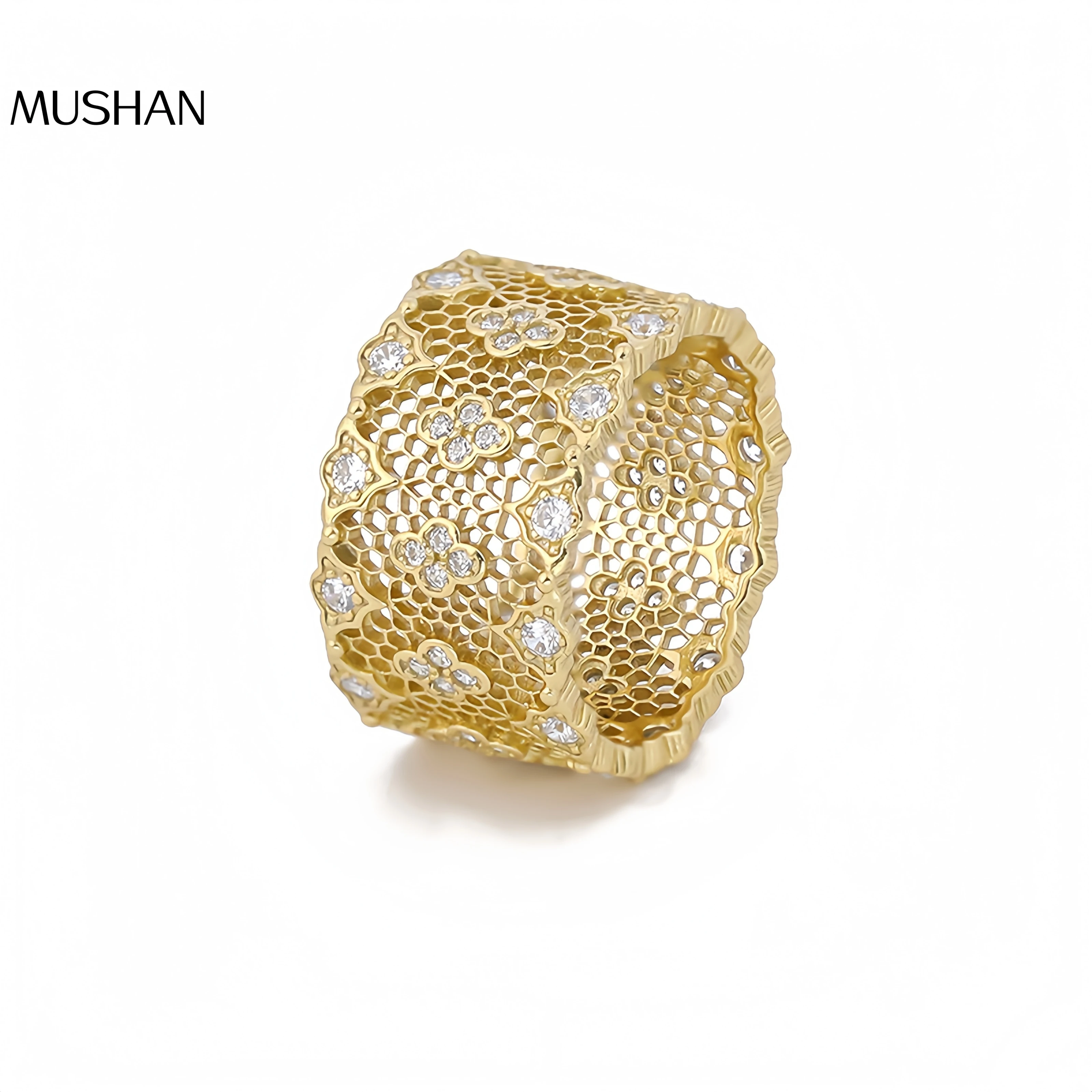 

MuShan Элитный бренд 18-каратное позолоченное ажурное кружевное кольцо из стерлингового серебра 925 пробы матовое золото кольца модные вечерние украшения