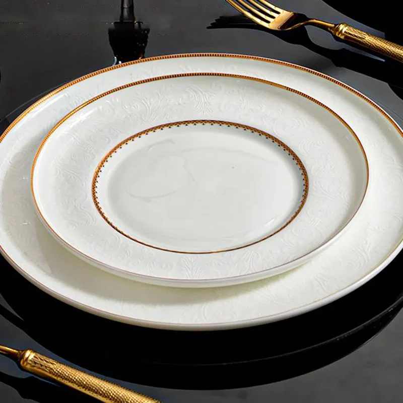 Modern Ceramic Plate Round Gold Stroke Living Room Breakfast Bread Pan Court Flower Relief Desktop Dinner Set Plates and Dishes