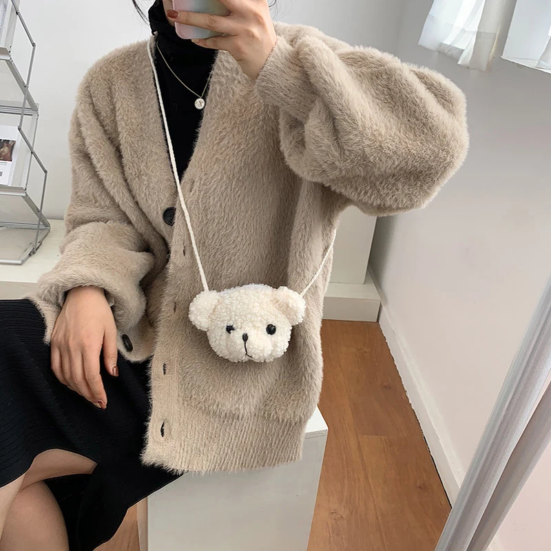 子供のギフト、かわいいクマのぬいぐるみヘッドショルダーバッグ、漫画スタイルの小銭入れ