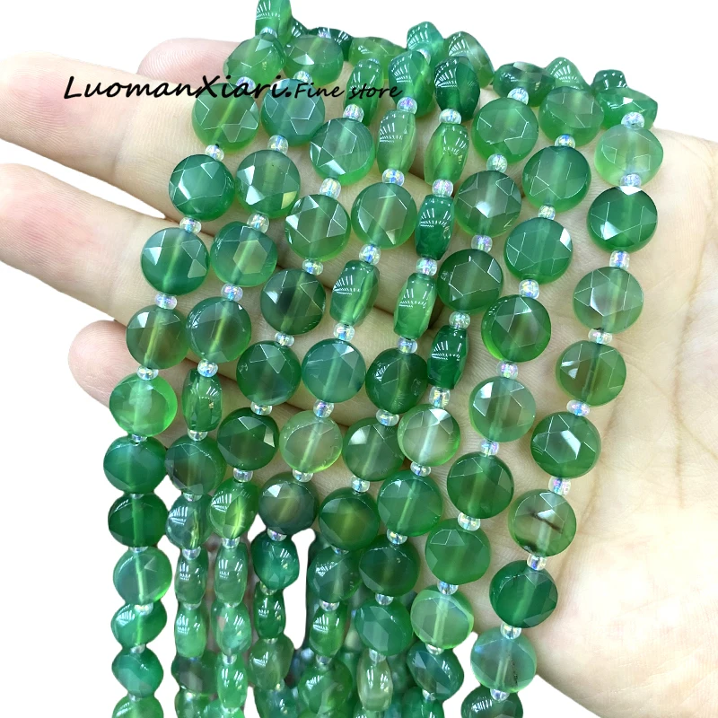 10mm Natural Faceted Green Agate Flat Round Stone Loose Spacer Beads for Jewelry Making Diy Earrings Bracelet Accessories Charms