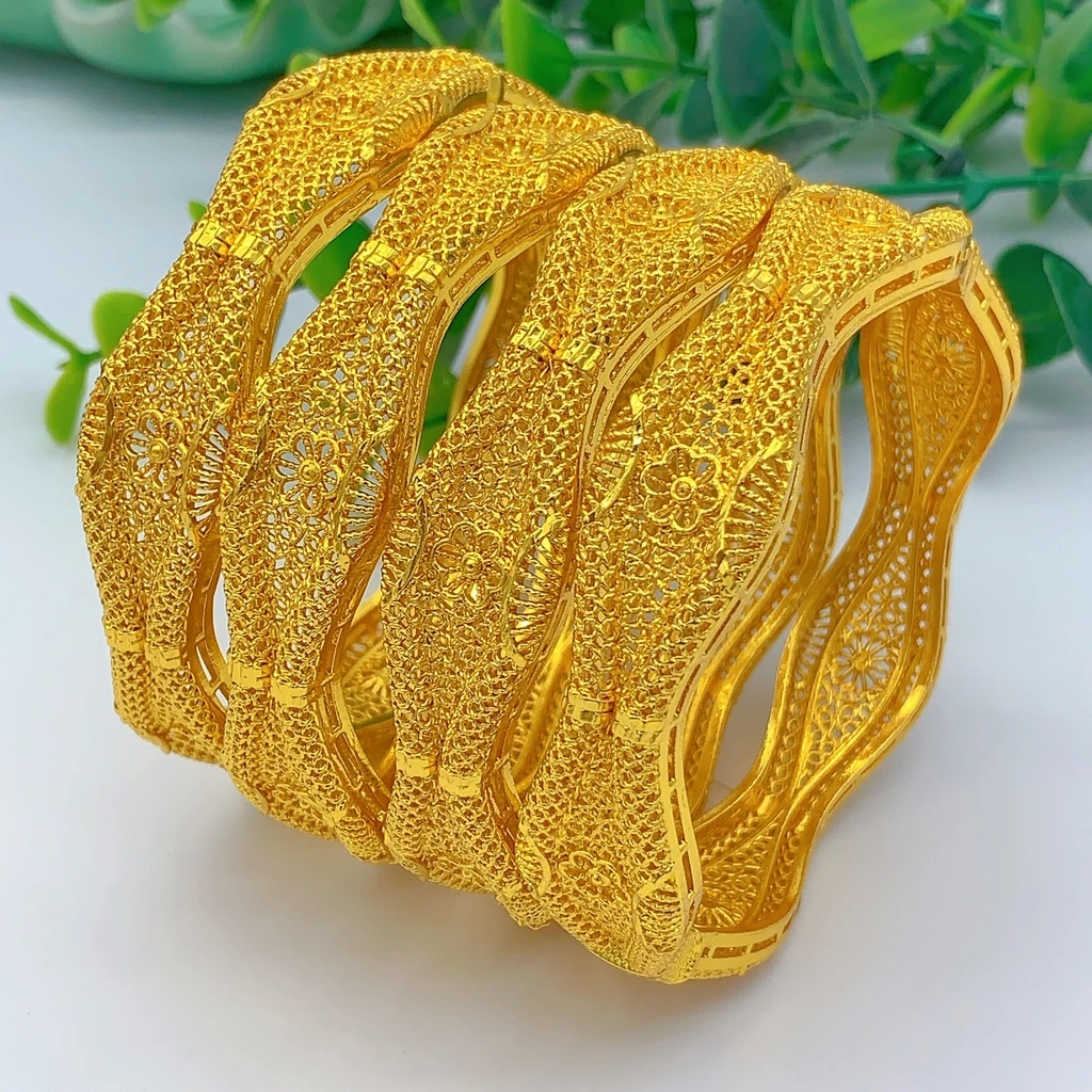 24k Goldfarbene Dubai-Indische Armreifen für Frauen, Afrikanische Brautarmreifen, Blumen-Hochzeitsarmreifen, Schmuck, Partygeschenke