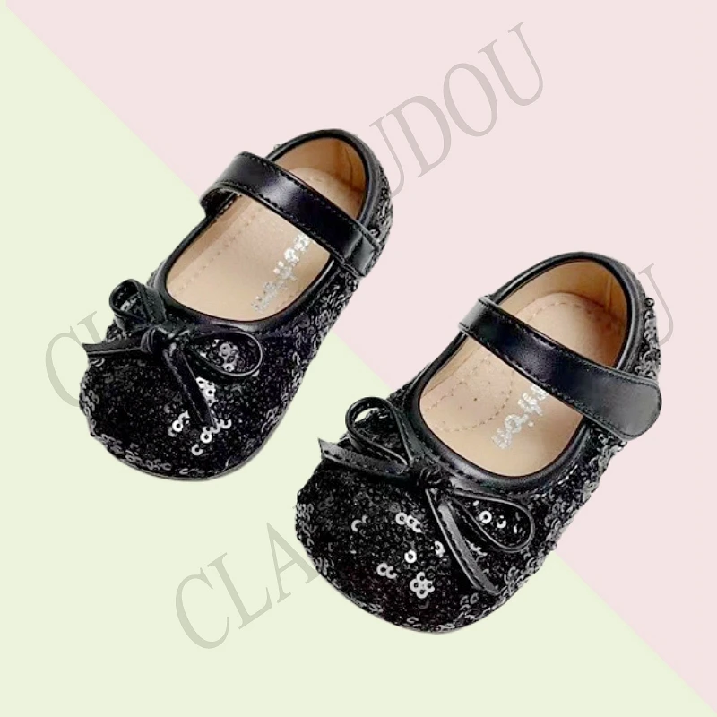 Claladoudou Bling Sequined Baby Birthday Dress Shoes,Bow Solid Black Silver New Autumn Microfiber Leather Flats Shoes For Infant