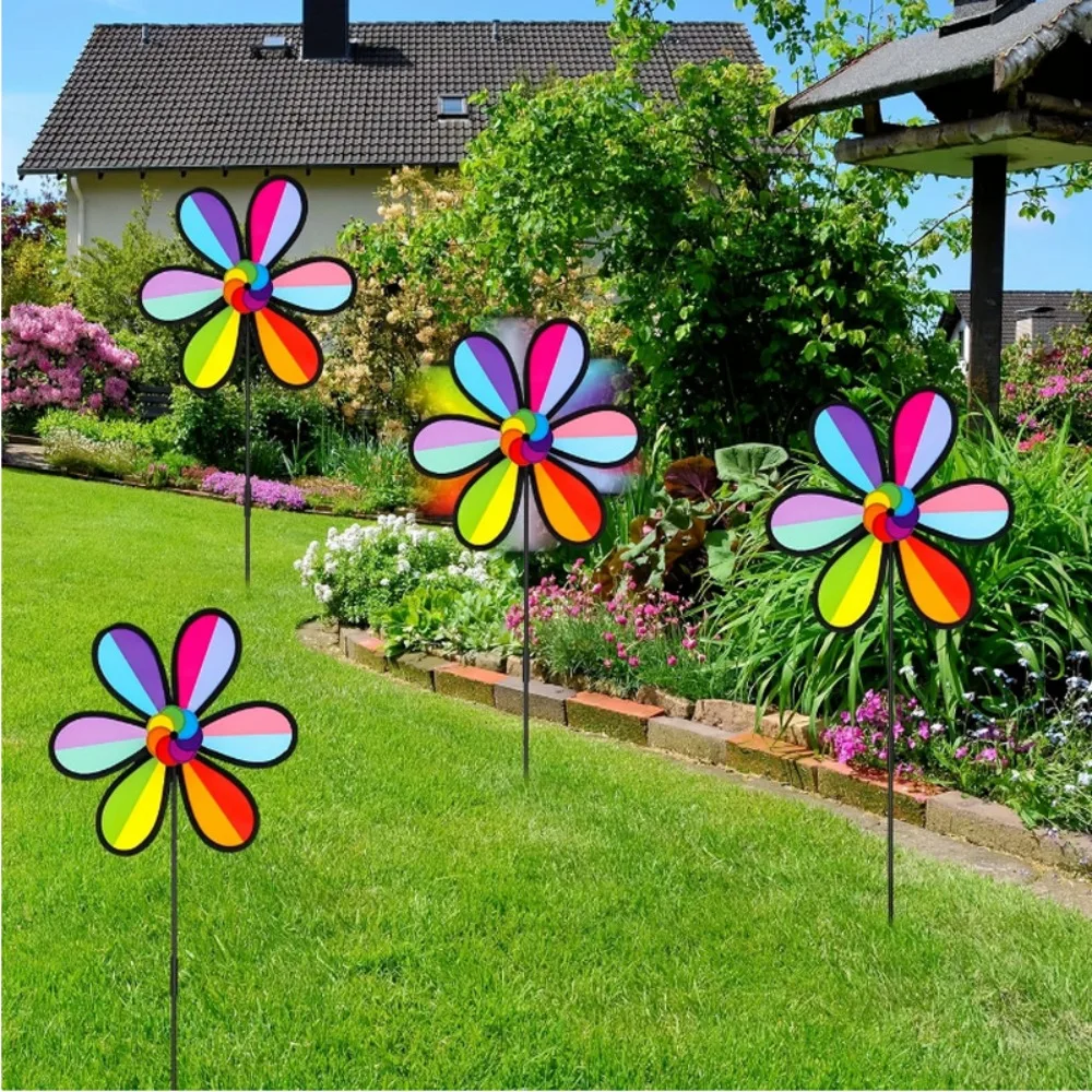 Moinho de Vento Arco-Íris Rotativo com Design de Estrutura Preta para Decoração de Camping e Jardim, Brinquedo Infantil, Decoração de Quintal, Ornamentos de Jardim ao Ar Livre