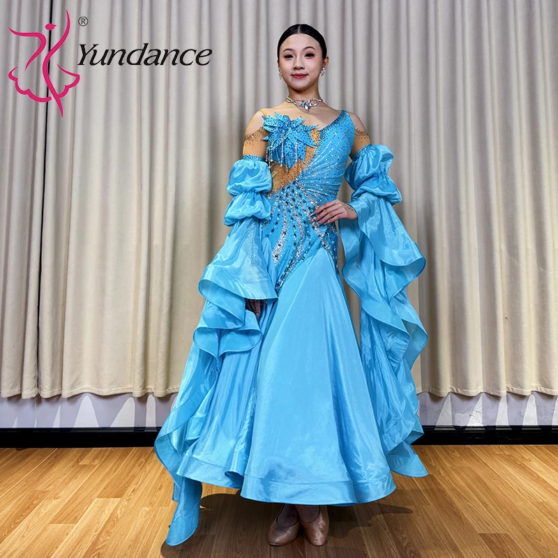 B-25159 vestido de baile de salón para mujer, traje moderno lírico de vals de competición para adultos, gasa satinada con diamantes de imitación azules, LICRA a la venta