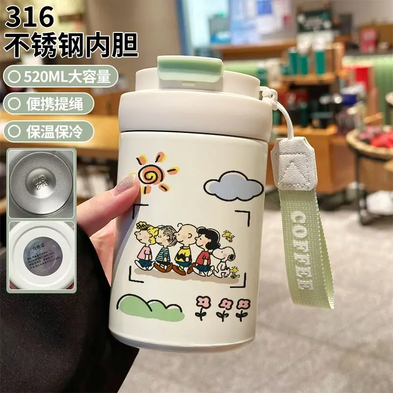 Copo Térmico Snoopy de 520ml com Canudo, Copo de Café para Crianças, Grande Capacidade, Aço Inoxidável, Presente