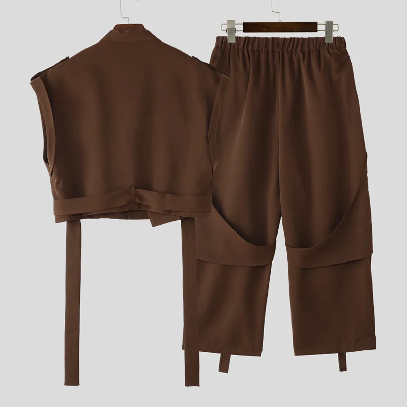 INCERUN мужские комплекты однотонные укороченные жилеты без рукавов на молнии и брюки комплекты из двух предметов свободная уличная одежда модные мужские повседневные костюмы