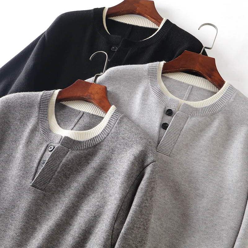 

Ele Gentleman Knitted Sweater! Fake Two-Piece Design! Soft Skin-Friendly Men's Autumn Winter Long Sve round Ne Warmth