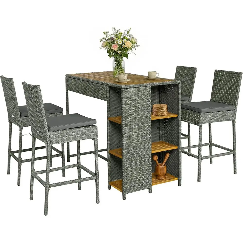 

Outdoor 5-Piece Bar Set with High Top Wicker Table and Chairs, 3-Tier Shelves, Acacia Wood Patio Furniture, 4 Cushioned Barstool