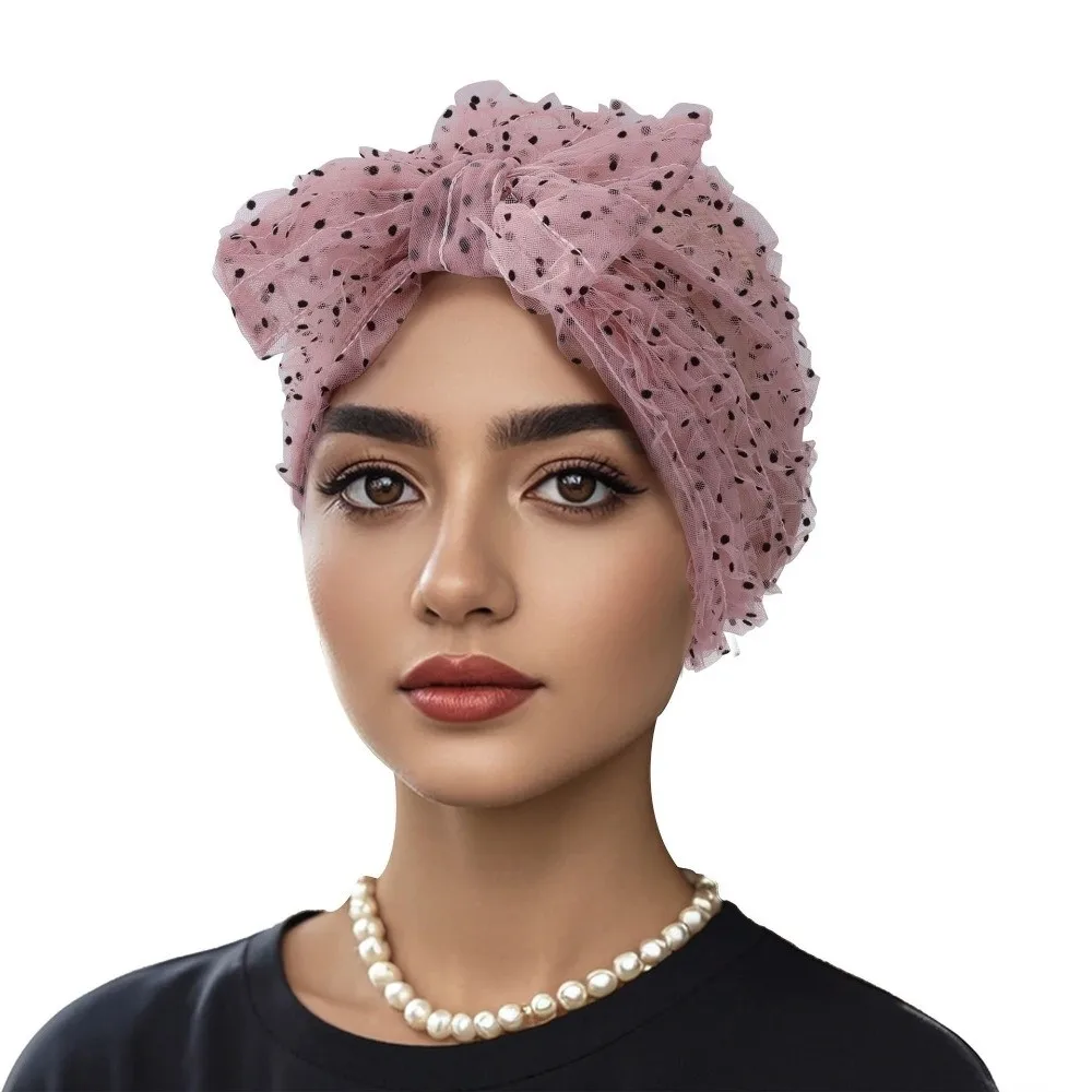

Breathable Fabric Polka Dot Mesh Bonnet Wrinkle Lace Turban Women Headscarf Hat Chic Folded Design Beanie Cap Summer Season