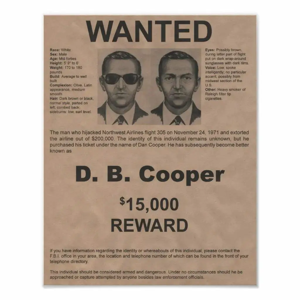 D.B. COOPER PHOTO WANTED POSTER  REPRINT Wall Art SILK POSTER Decorative Painting Wall Painting