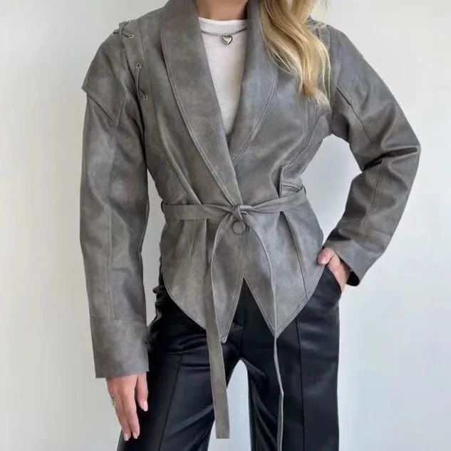 2024年秋新作ファッションストリートスタイルレトロレザージャケットコート、折り返し襟付き、ベルト付き、厚手コットンレディースプレミアム服