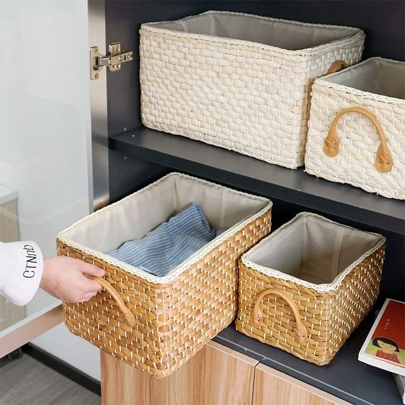 

Woven Rattan Storage Basket Hand-woven Laundry Basket Storage Baskets Rectangular Closet Toy Snack Sundries Clothes Organizer