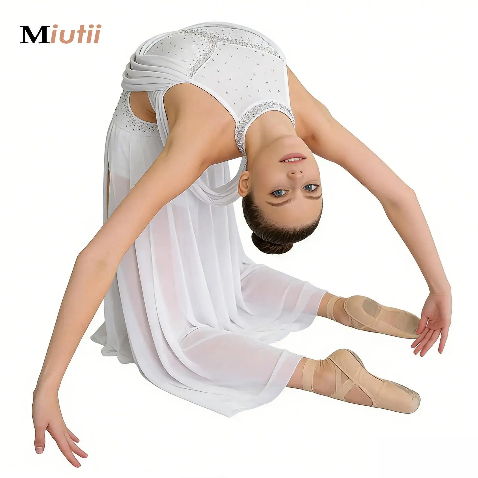 

Women Ballet Dance Maxi Dress Modern Lyrical Dance Dress Sleeveless Split Sheer Mesh Gymnastics Leotard Dress Contemporary