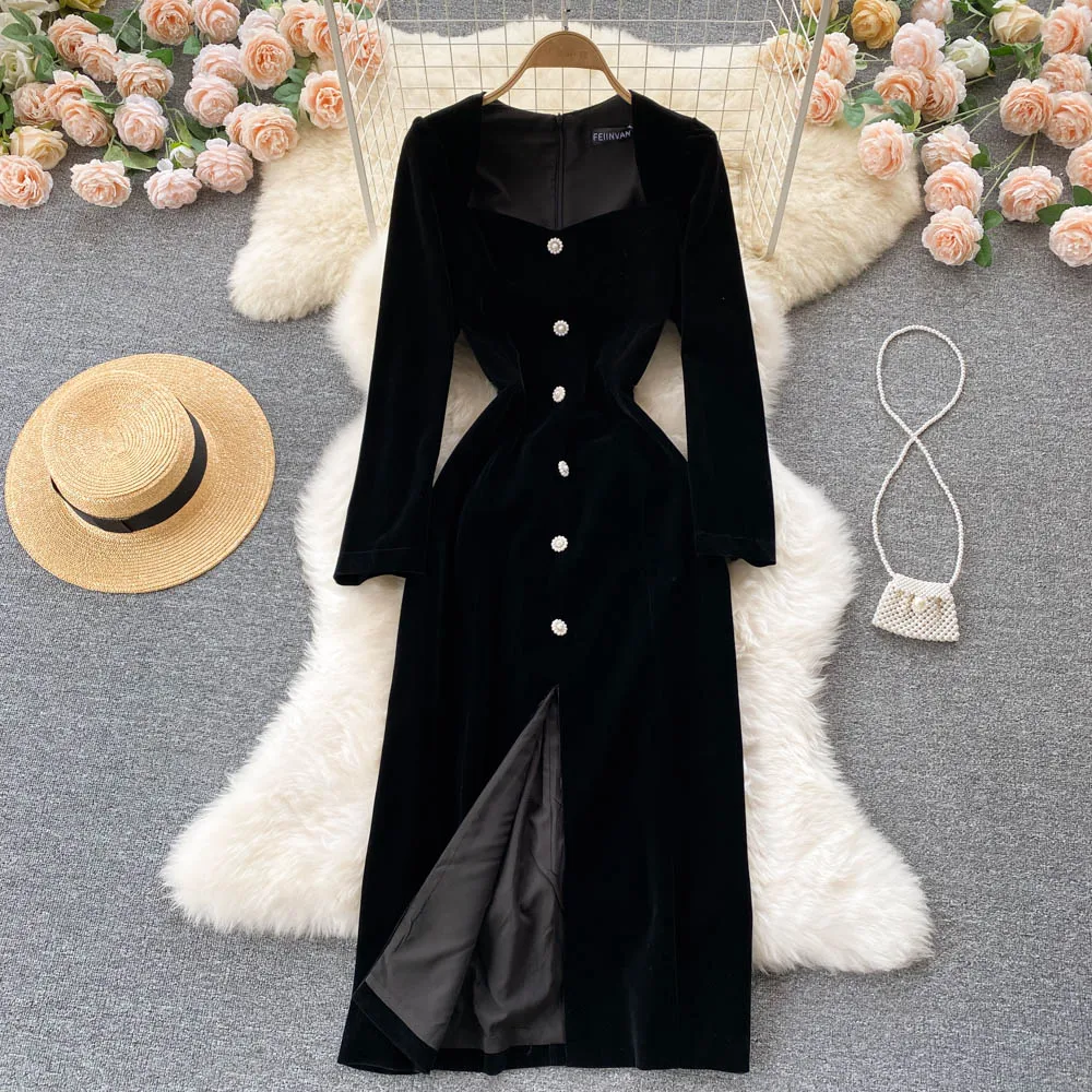 Temperament Autumn Women Black Velvet Dress Fashion Square Collar Long Sleeve Skinny Slit Elegant Female Long Dress