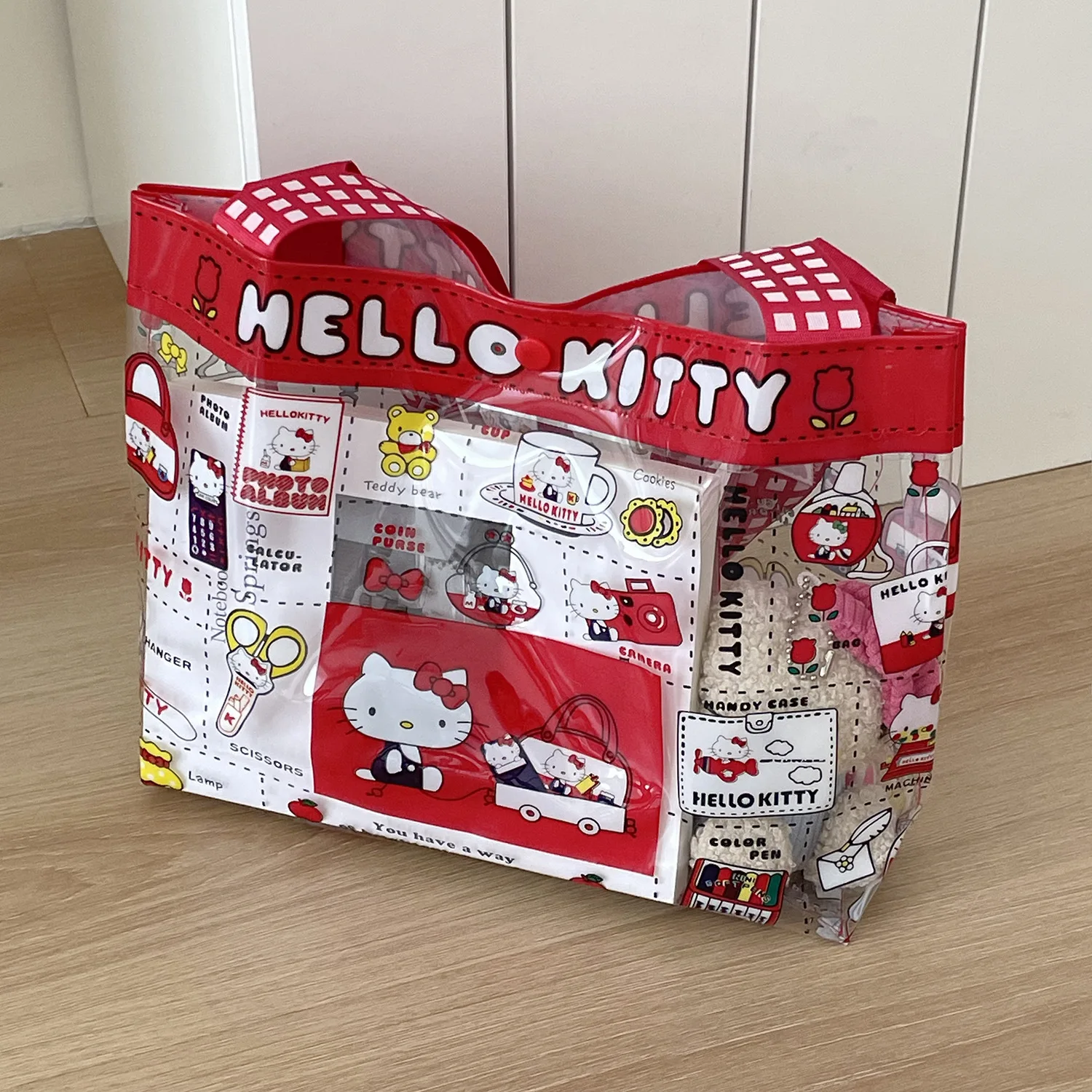 Retro Rote Karierte Hello Kitty Transparente Handtasche Cartoon-Print PVC Wasserdichte Mama-Tasche Schwimm-Aufbewahrungstasche – Detail 4