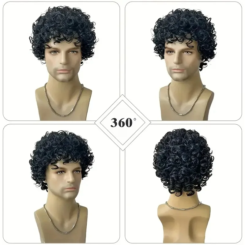 10inch Short Afro Curly Black Wig for Men Synthetic Halloween Cosplay Costume Party Wig Mens Daily Replacement Hair Wigs Male
