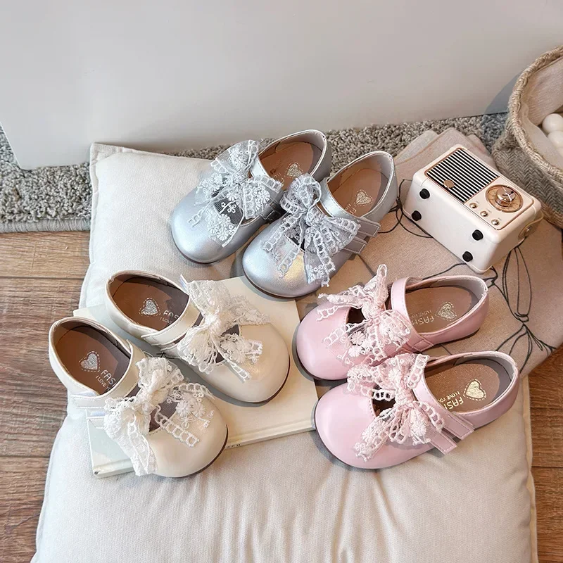Kids Flat Shoes Double Hook&loop Sweet Girls Leather Shoes Mesh Lace Bows 2025 New Children Princess Shoes Non-slip Soft Sole