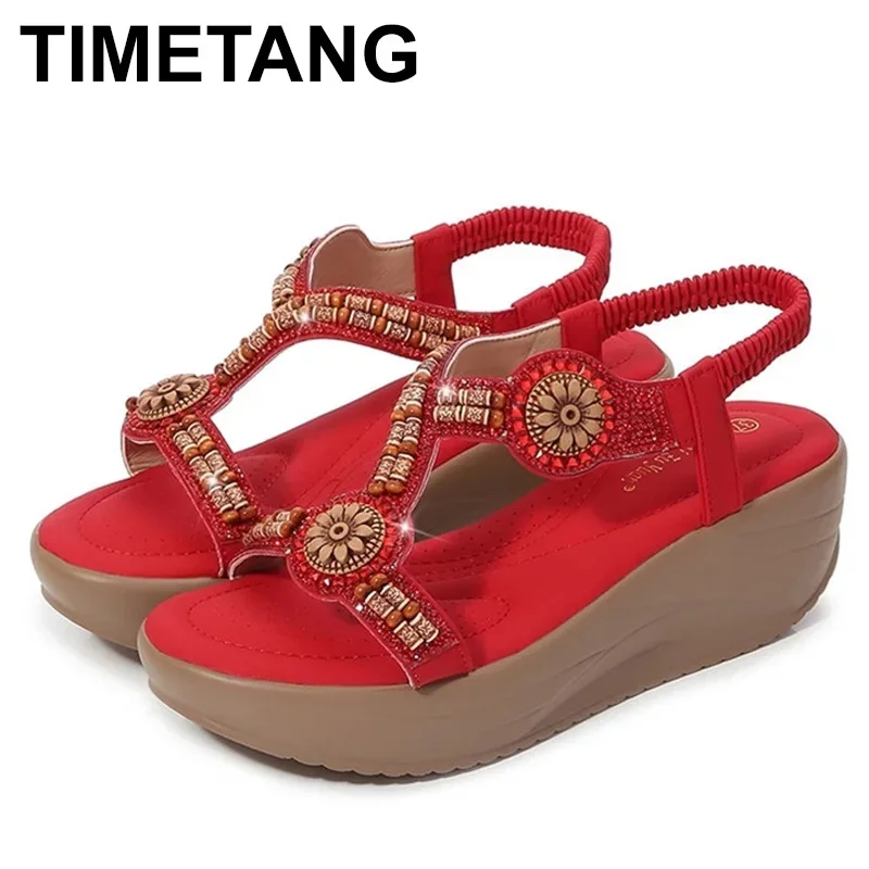 TIMETANG Women Sandals Bohemian Summer Sandals Rhinestone Lady Shoes Elastic Beach Shoes Fashion Street Footwears Zapatos Mujer