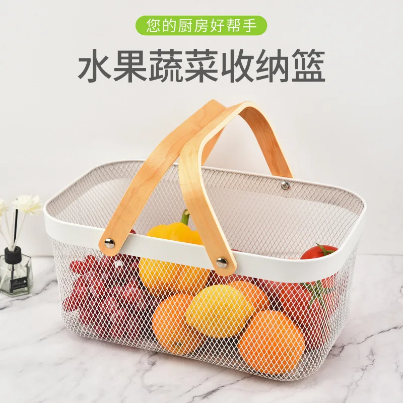 سلة فولاذية شبكية معدنية ، منظم تخزين الطعام السلكي بمقبض خشبي ، سلة مستطيلة للمطبخ #3