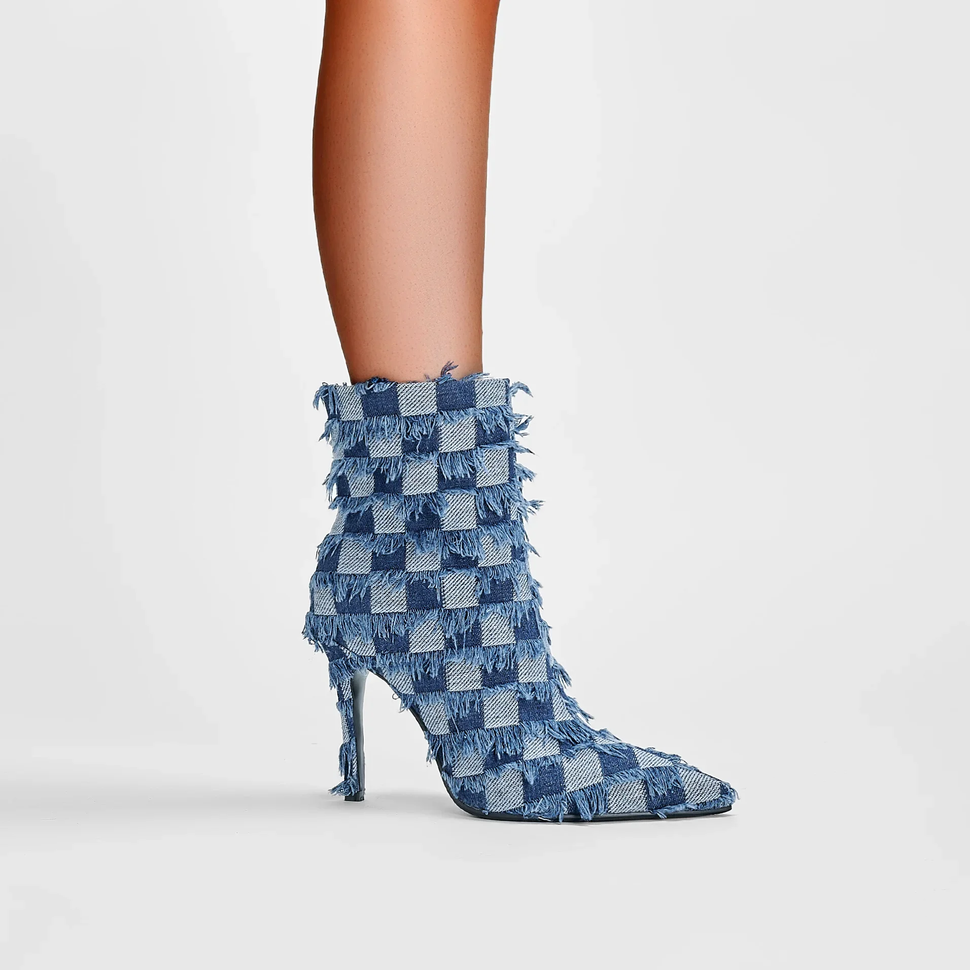 Checkerboard Fringed Jacquard Pointed-Toe Stiletto Ankle Boots Super High Heel Side Zip Large Size Denim Booties Women Shoes