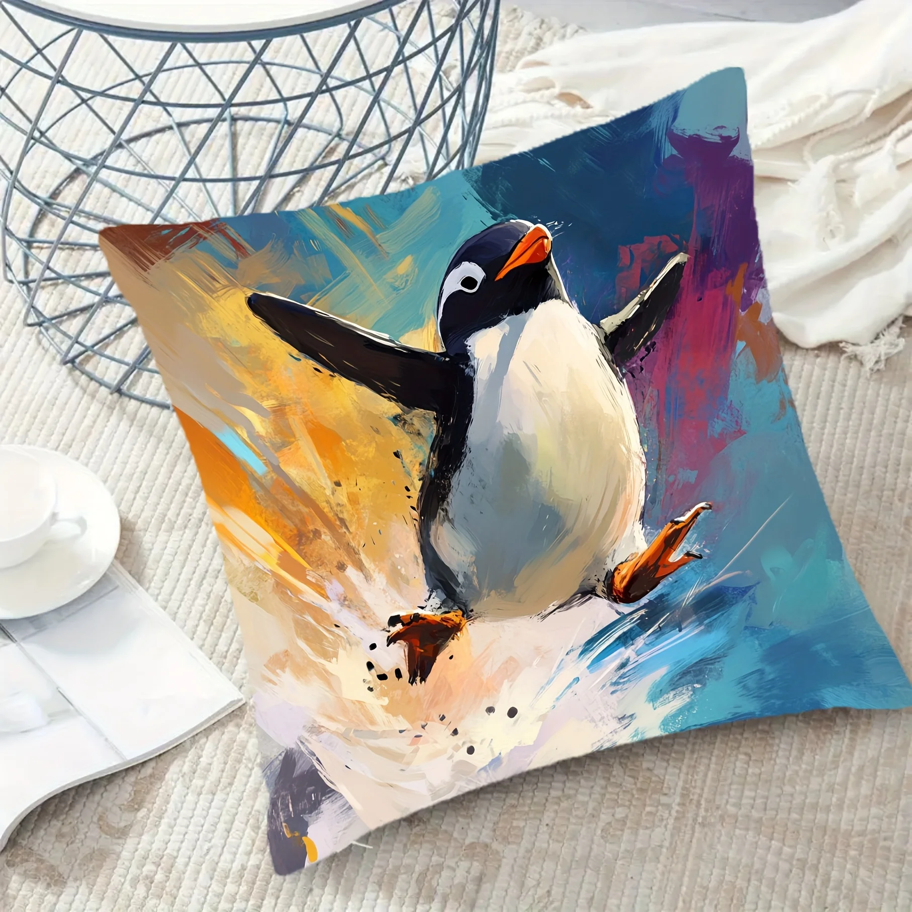 Decorative Penguin Pillowcase Cushion Cover Watercolor Art Print Modern Home Decor 45x45cm