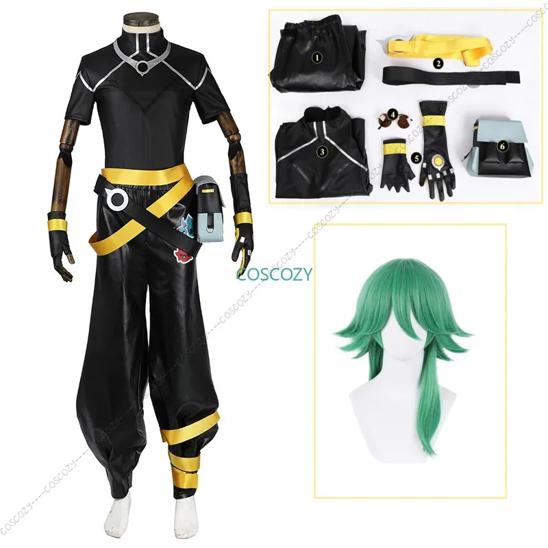 qq023Game HEARTSTEEL Cosplay Ezreal Costume Adult Men Top Coat Pants Gloves Glasses Bag PU Uniform Outfit Halloween Party Cospla