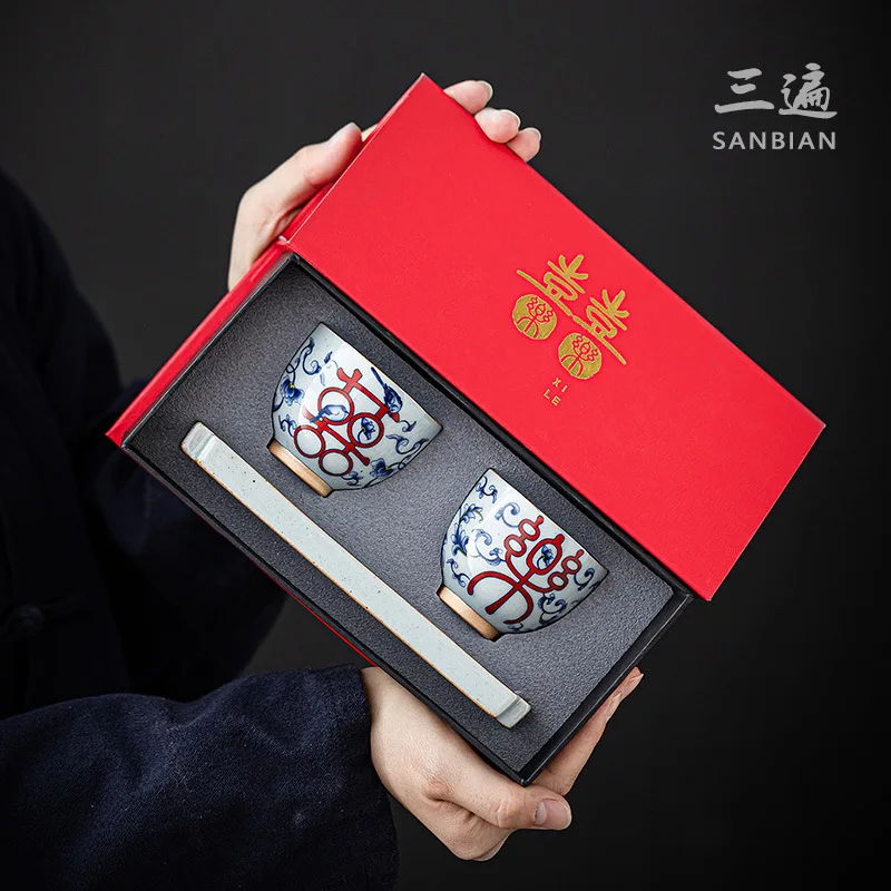 

★★Fake Antique Blue and White Hand-Painted Double Magpie Couple Cups Kung Fu Tea Cup Tea Cup Master Cup Plate Wedding Gift Box