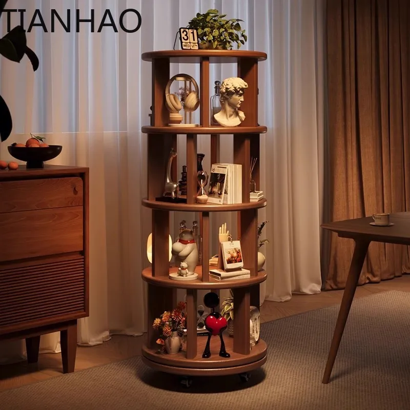 Walnut solid wood rack floor-to-ceiling multi-layer storage retro wind mobile display stand 360-degree rotating cart