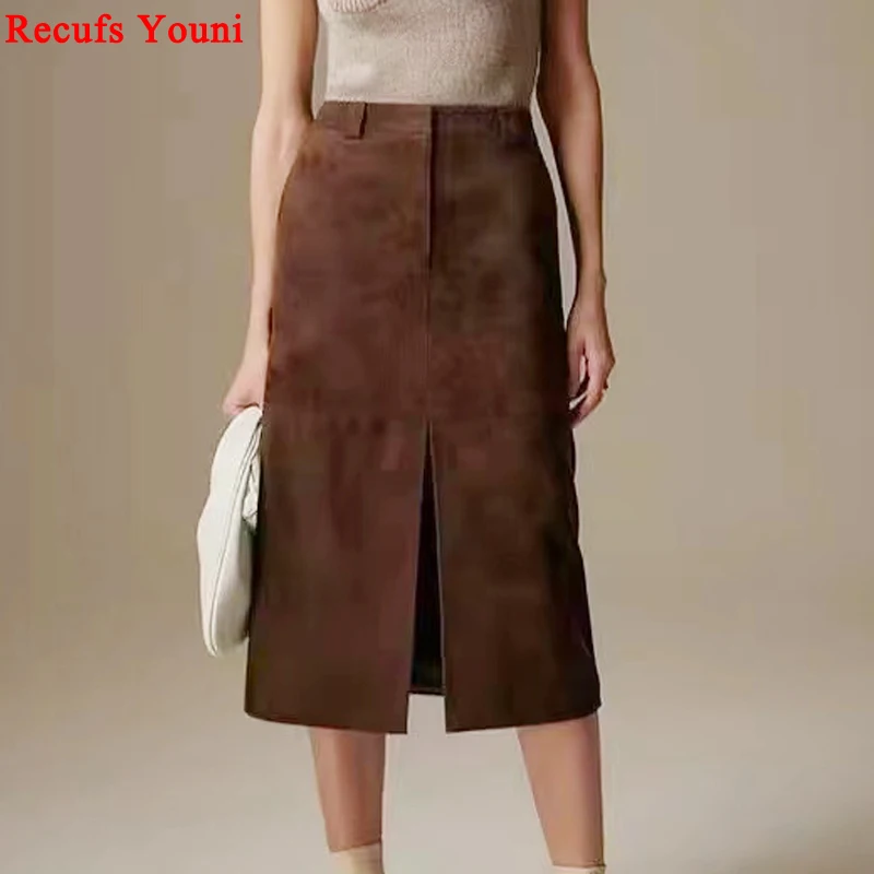 High Grade Kid Suede Leather Skirt For Women  Winter New Old Money Upgraded Imported Suede Jupe Front Split Waist Loop Faldas