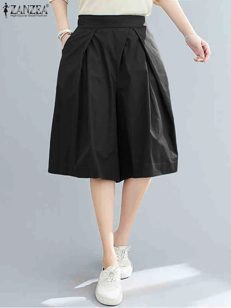 

2025 ZANZEA Women Summer Shorts Fashion Elastic Waist Solid Shorts Elegant High Waist Pleated Pockets Casual Wide Leg Pants