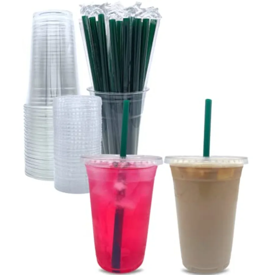 

100 Sets] 24 oz Clear Plastic Cups with Lids and STRAWS, Disposable Party Cups for To Go Iced Coffee Cold Drinks, Smoothie, Jui