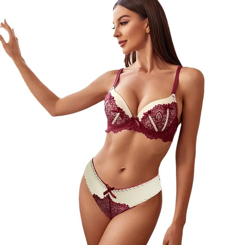 New Fashion Contrast Color Bow Girl's Bra Set Chest Gathering Underwear Underpants Hollow Semi Transparent Women's Brassiere image 5