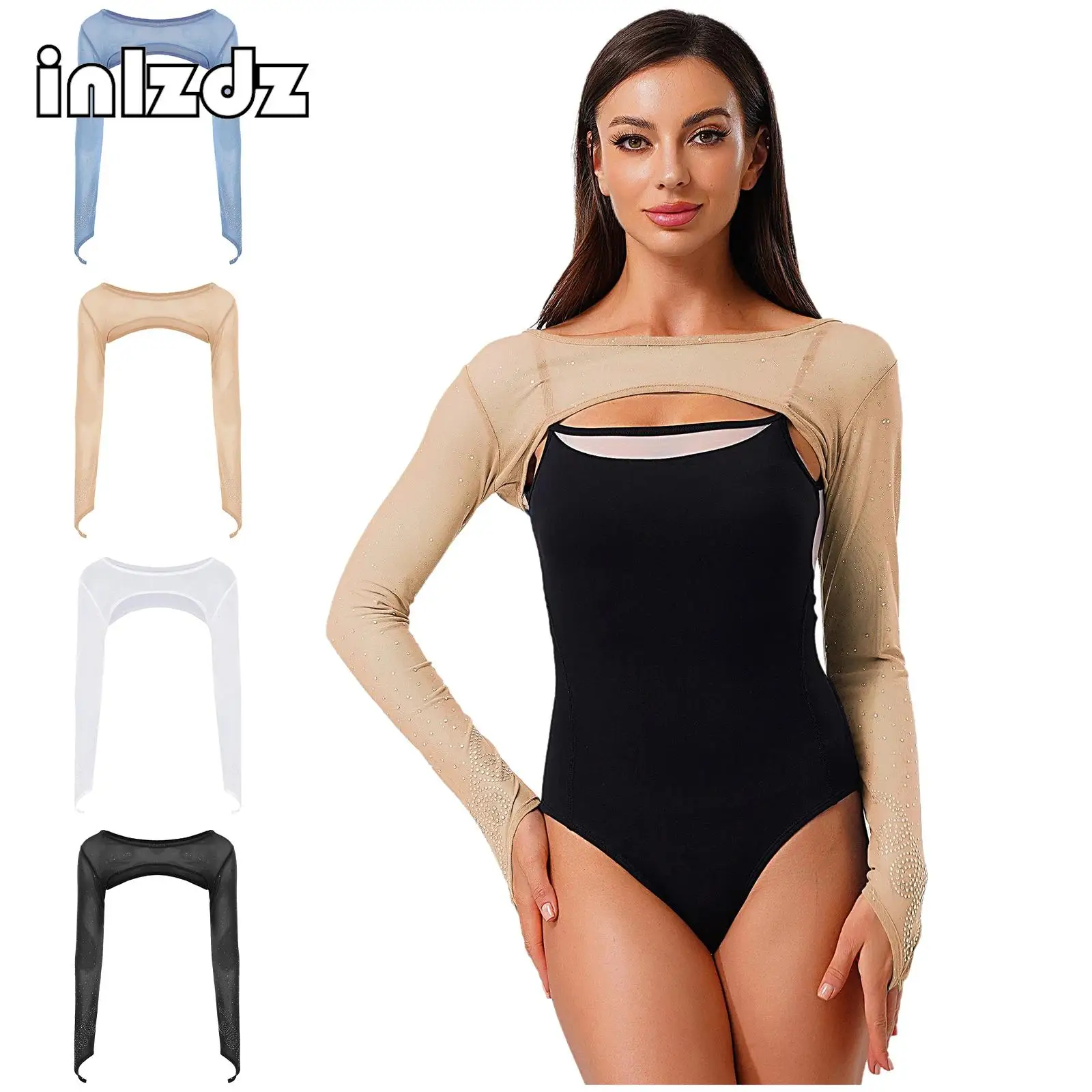 

Women Shiny Rhinestone Mesh Ballet Latin Modern Dance Crop Tops Long Sleeve with Finger Loop Pullover Shrugs Shoulder Cover Tops