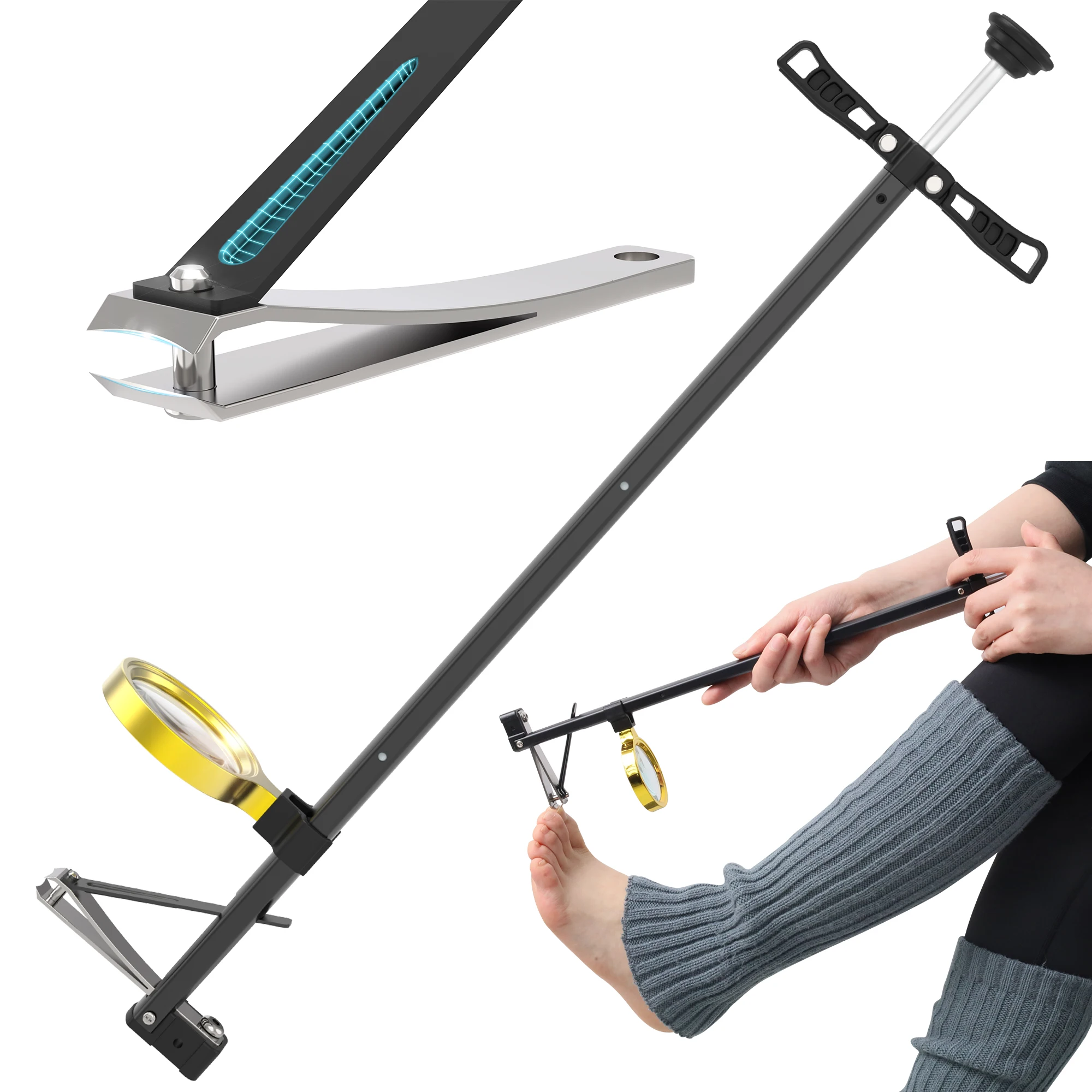 Cortador de Unhas dos Pés com Cabo Longo e Lupa - Mandíbula Larga e Design Ergonômico para Idosos, Artrite e Mobilidade Limitada, Resistente