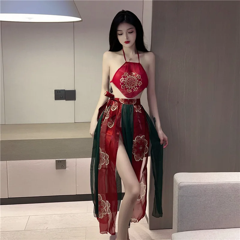 

Chinese Classical Hanfu Uniform Antique Sexy Temptation Pajamas Womens Bellyband Lingerie Hot Pajamas Slit Skirt Set Porno Party
