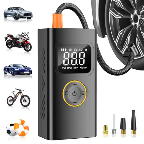 Portable Wireless Air Compressor Electric Tire Inflator Digital Air Pump with LED Light Auto Shutoff High Pressure Inflator for Bicycle Road Bike Mountain Bike Motorcycle Car Tires Sports Balls Camping Inflatable Mattress Outdoor Camping Gear