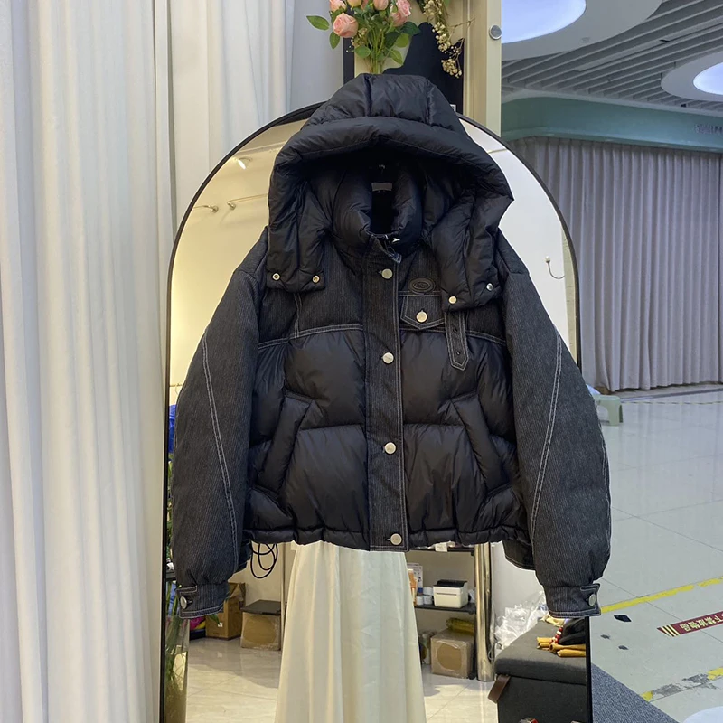 Winter Thick Warm Puff Fluffy Jacket Female Detachable Hooded Short Down Jacket Women White Duck Down Zipper Quilted Outwears
