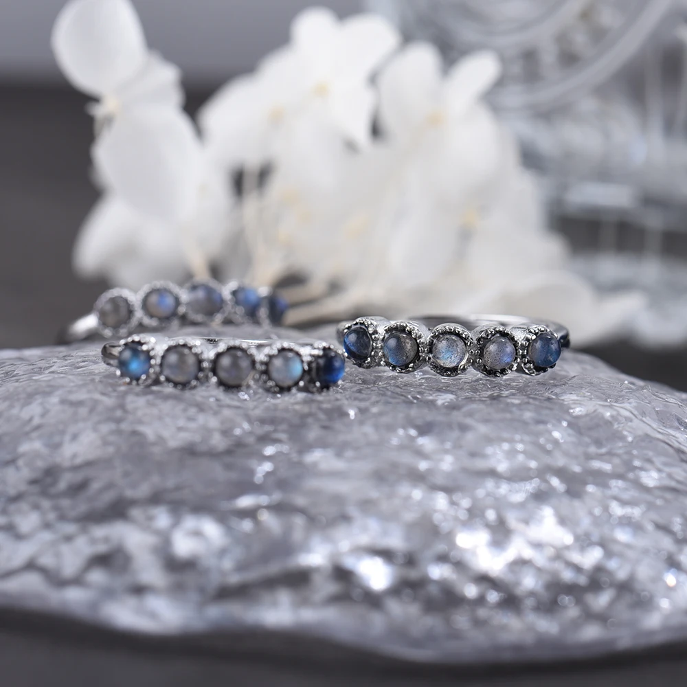 ITSMOS Natural Labradorite Row of Rings Gemstone Round Bead Blue MoonLight Vintage Simple Jewelry Gift Band Rings for Women