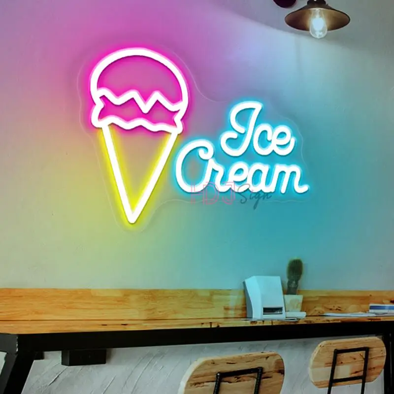 Ice Cream นีออน LED ไฟป้าย Cafe ร้านอาหารเครื่องตกแต่งฝาผนัง LED ไฟปากการูปหัวใจขนมขบเคี้ยวขนมหวาน Neon Night ไฟ USB